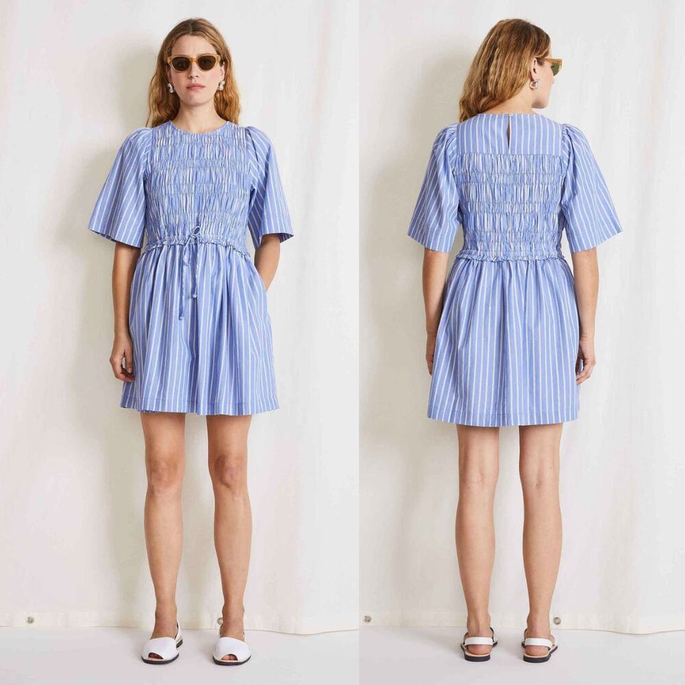Apiece Apart Adorna Smocked‎ Striped Cotton Mini Dress Blue White Size Medium